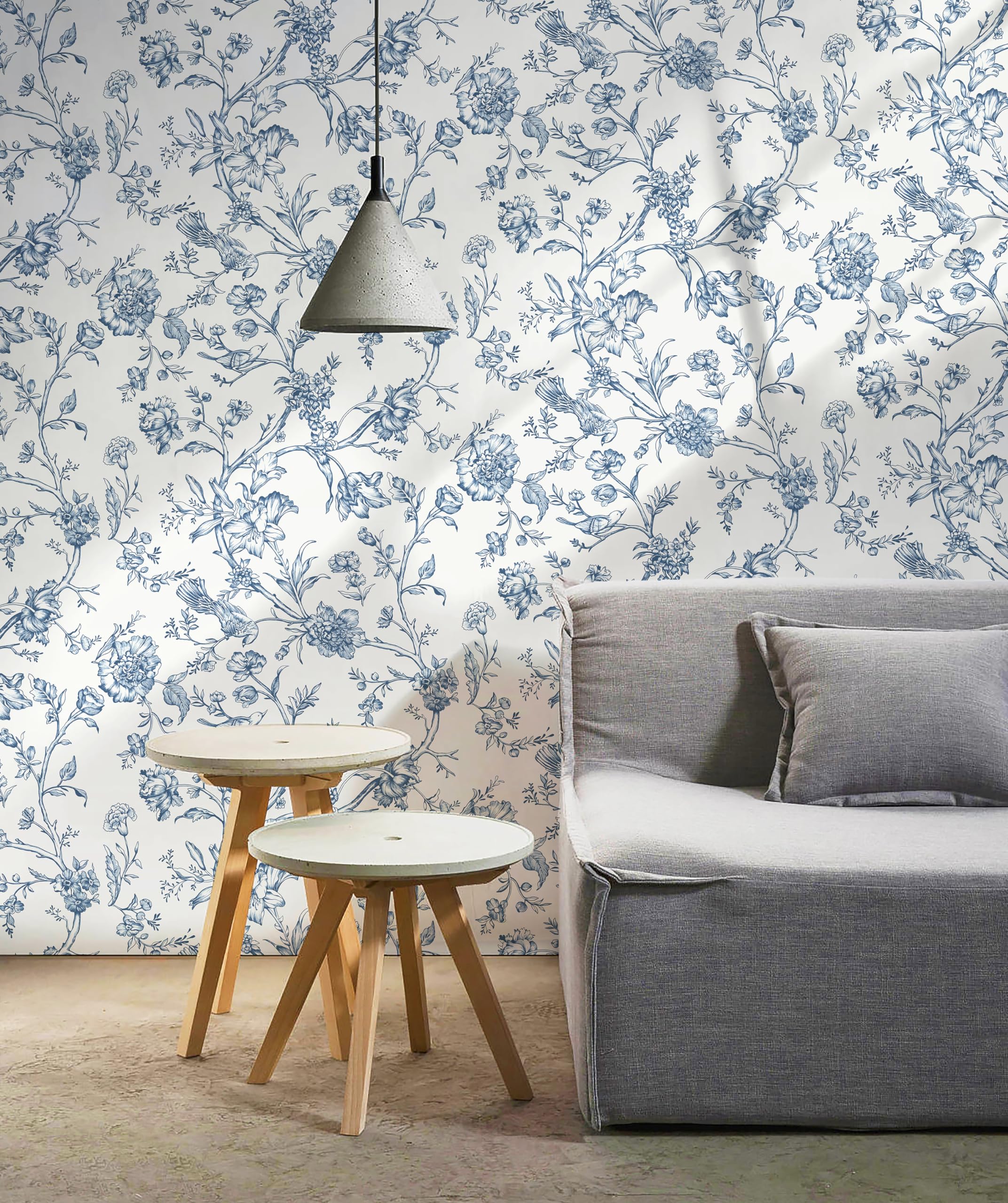 Safiyya Peel and Stick Wallpaper Floral Birds Contact Paper Blue White Wallpaper Peel and Stick Removable Wallpaper Boho Wallpaper Flower Contact Paper for Walls Vinyl Rolls 118"x17.3"