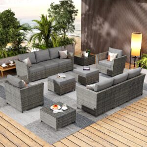 caodoc 12 pieces outdoor furniture patio sectional sofa couch gray pe wicker conversation sets with ottomans glass coffee table for garden poolside backyard