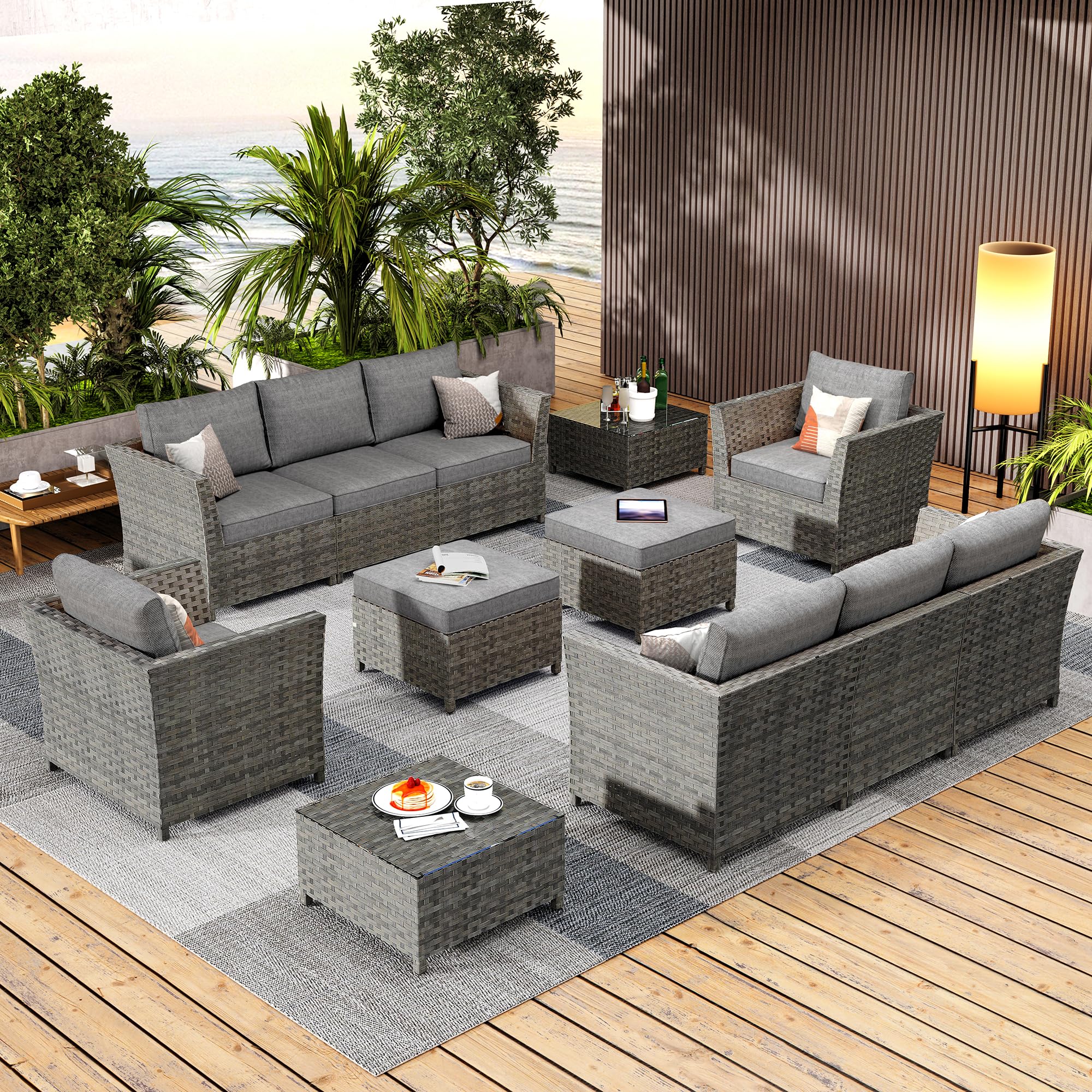 CAODOC 12 Pieces Outdoor Furniture Patio Sectional Sofa Couch Gray PE Wicker Conversation Sets with Ottomans Glass Coffee Table for Garden Poolside Backyard