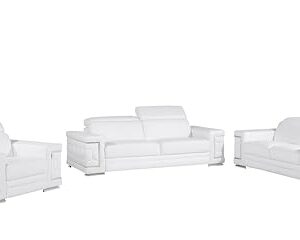 Blackjack Furniture Soren 3 Piece Leather Upholstered Adjustable Headrests, Solid Brazilian Wood Frame and High Density Foam Cushioning, Sofa and Loveseat, White