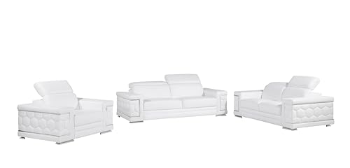 Blackjack Furniture Soren 3 Piece Leather Upholstered Adjustable Headrests, Solid Brazilian Wood Frame and High Density Foam Cushioning, Sofa and Loveseat, White