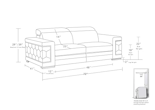 Blackjack Furniture Soren 3 Piece Leather Upholstered Adjustable Headrests, Solid Brazilian Wood Frame and High Density Foam Cushioning, Sofa and Loveseat, White