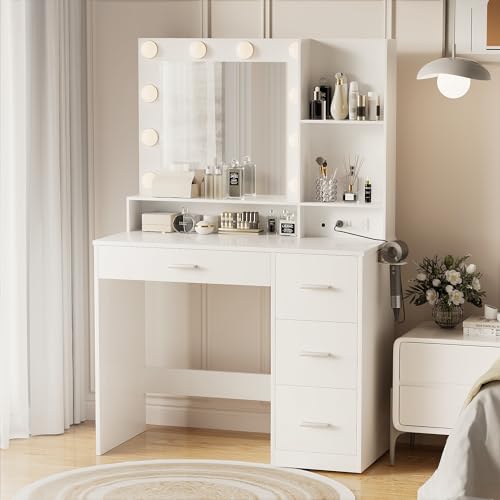 YESHOMY Vanity Desk with Mirror, Power Outlet and 10 Lights, Makeup Table with 4 Drawers, 3 Color Modes Available for Bedroom, White