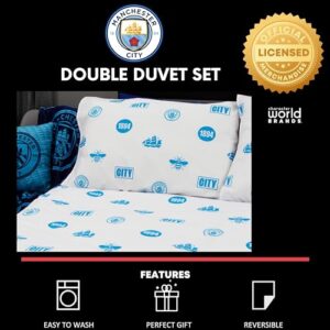 Character World Official Manchester City FC Double Duvet Cover Set, Crestcol Design | Blue Reversible 2 Sided Football Bedding Cover Official Merchandise Including Matching Pillow Cases