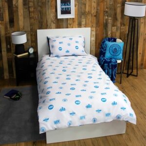 Character World Official Manchester City FC Single Duvet Cover Set, Crestcol Design | Blue Reversible 2 Sided Football Bedding Cover Official Merchandise Including Matching Pillow Case