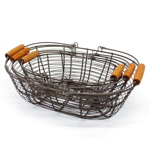 CVHOMEDECO. Oval Metal Wire Storage Baskets Rustic Egg Baskets with Wooden Handles Farmhouse Gathering Baskets. Rusty, Set of 3