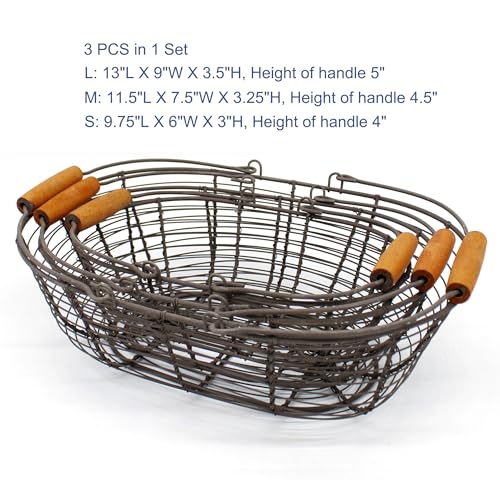 CVHOMEDECO. Oval Metal Wire Storage Baskets Rustic Egg Baskets with Wooden Handles Farmhouse Gathering Baskets. Rusty, Set of 3