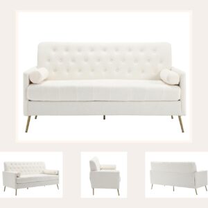 Guyou 60'' Loveseat Sofa Couch, White Sherpa Upholstered 2-Seat Love Sofa Chair with Arms for Living Room Tufted Small Couch Sofa with Removable Cushion and Gold Legs