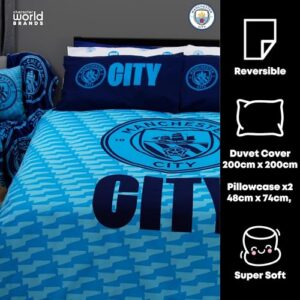 Character World Official Manchester City FC Double Duvet Cover Set, Crestcol Design | Blue Reversible 2 Sided Football Bedding Cover Official Merchandise Including Matching Pillow Cases