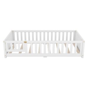 CITYLIGHT Twin Size Floor Bed with Rails, Wood Montessori Floor Bed Twin with Support Slats, Kids Twin Bed Frame with Door Design for Boys,Girls, White