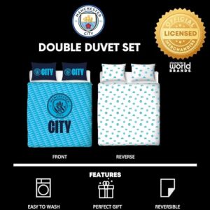 Character World Official Manchester City FC Double Duvet Cover Set, Crestcol Design | Blue Reversible 2 Sided Football Bedding Cover Official Merchandise Including Matching Pillow Cases