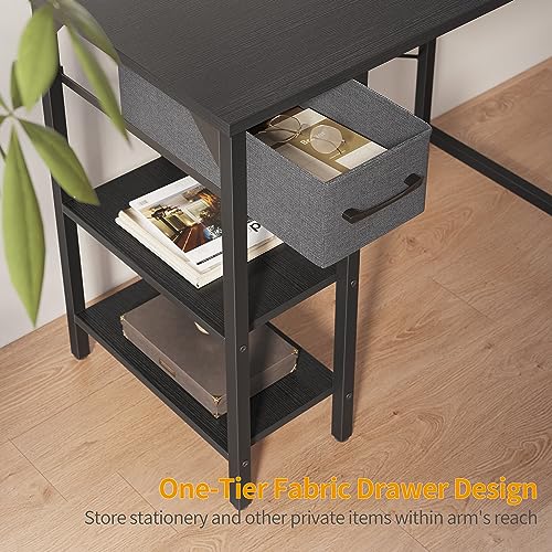 BANTI Small Computer Desk with Drawers, 35 Inch Home Office Desk with 2Storage Shelves on Left or Right Side, Study Writing Desk with Storage Bag, Black