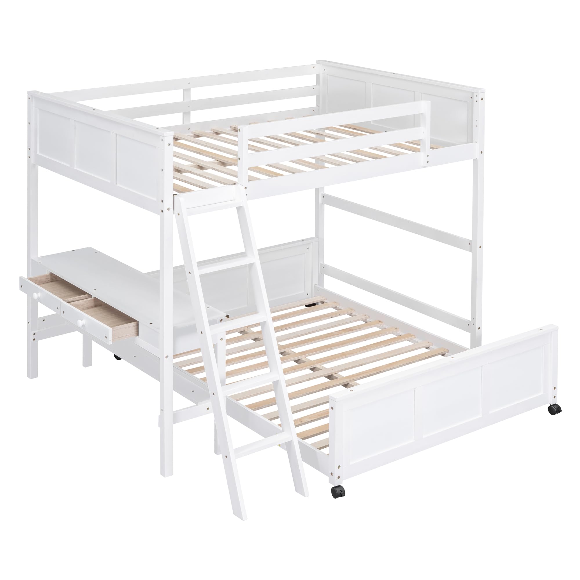 Full Over Full Loft Bed with Desk and Storage Drawers, Wood Bunk Loft Bunk Bed for Kids, Can Be Separated into A Full Size Platform Bed Frame and A Loft Bed for Girls Boys Teens, White