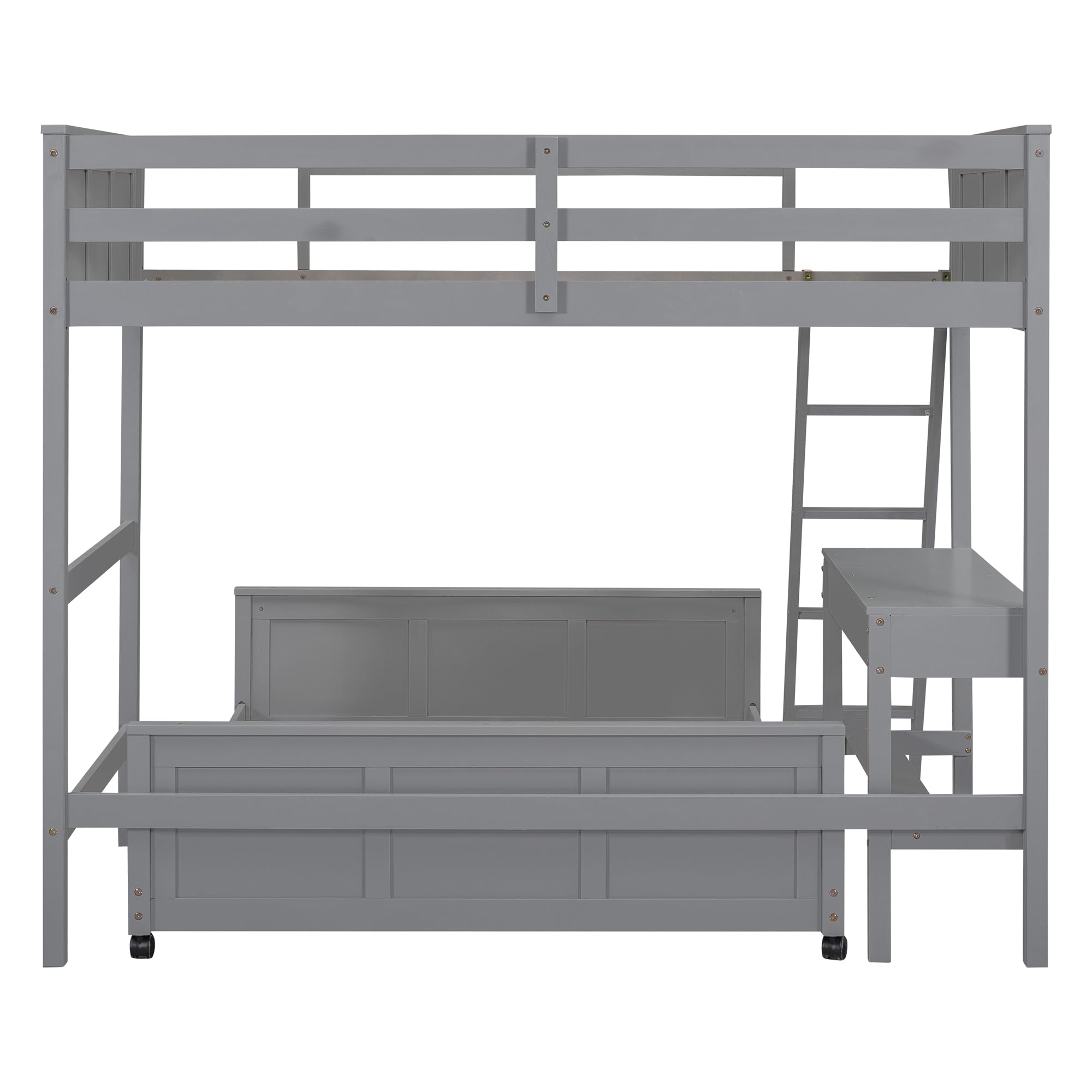 Twin Over Full Loft Bed with Desk and Storage Drawers, Wood Bunk Loft Bunk Bed for Kids, Can Be Separated into A Full Bed Frame and A Twin Size Loft Bed for Girls Boys Teens, Gray