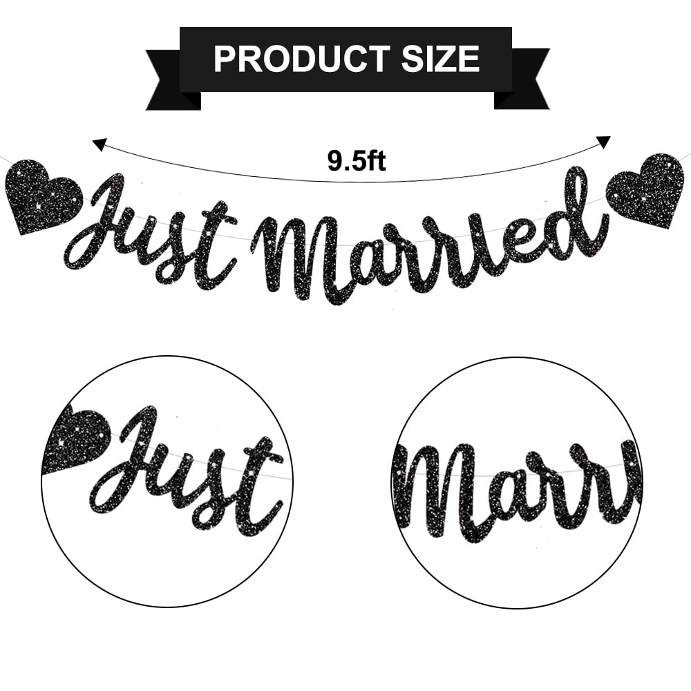 BEISHIDA Black Just Married Banner - NO DIY, Glitter Wedding Party Banner,Just Married Signs, Bachelorette/Bridal Garland,Engagement Party Decor Supplies, Wedding Reception Party Decorations.