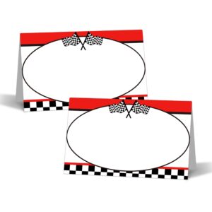 racing car table place cards - 25pcs tent cards - 2.1” x 3.5“ two fast food lables - name place cards for table setting - name cards for birthday party baby shower - scored for easy folding -17