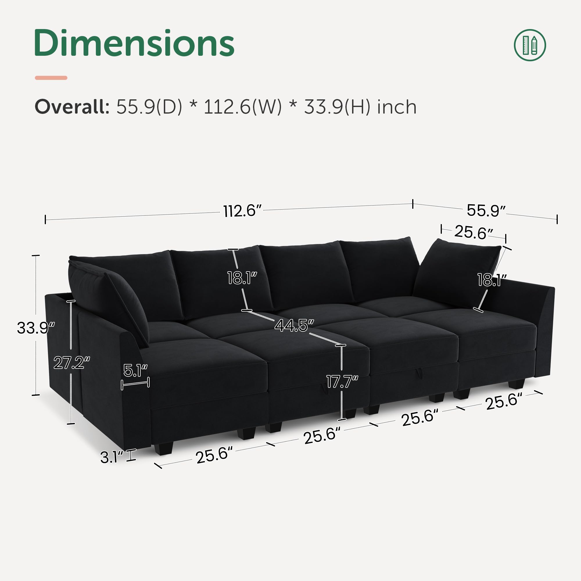 HONBAY Modular Sectional Sleeper Sofa Velvet Sectional Sleeper Couch with Storage Seats Oversized Sectional for Living Room,Black