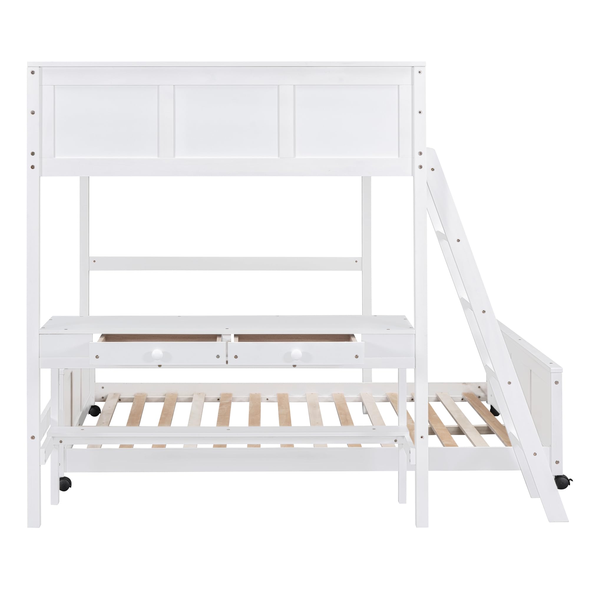 Full Over Full Loft Bed with Desk and Storage Drawers, Wood Bunk Loft Bunk Bed for Kids, Can Be Separated into A Full Size Platform Bed Frame and A Loft Bed for Girls Boys Teens, White