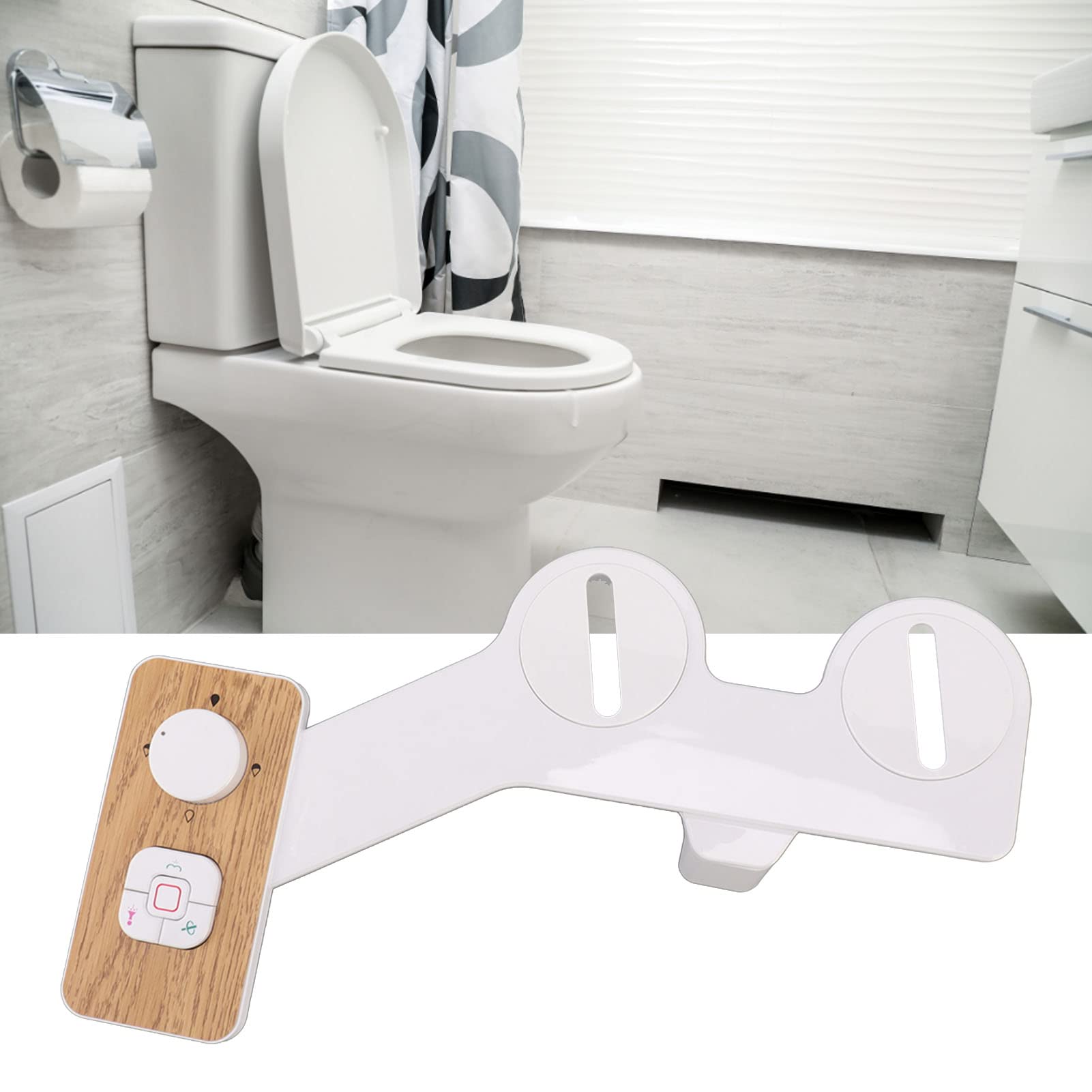 Hyuduo Button Bidet Attachment, Toilet Bidet Attachment with 7/8 Copper Tee, Wood Grain Button Dual Nozzle Bidet Attachment, Ultra Slim Bidet, Bidets