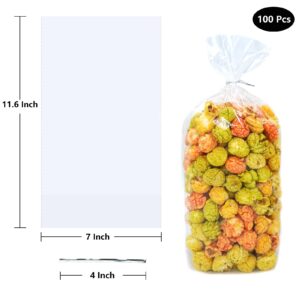 Oueliche 100Pcs 7x11.6 Inch Clear Plastic Cellophane Treat Bags with 4" Twist Ties, Great for Gift Giving or Party Favors Packaging, Bread, Cookie, Candy, Popcorn