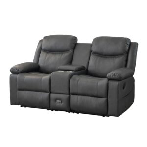 PALLOME Loveseat Recliner Sofa, PU Leather Loveseat Recliner, Manual Recliner Loveseat with Console, Double Recliner RV Sofa with Cup Holders and Side Pocket for Living Room/Office/Apartment (Grey)