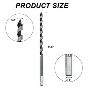 Coufce 1/2" Diameter Auger Drill Bit 12" Ship Auger Long Drill Bit 3/8" Hex Shank Long Drill Bits for Wood Hole Cutter in Hardwood, Softwood, and Composite Materials