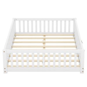 CITYLIGHT Full Size Floor Bed with Rails, Wood Montessori Floor Bed Full with Support Slats, Kids Full Bed Frame with Door Design for Boys,Girls, White