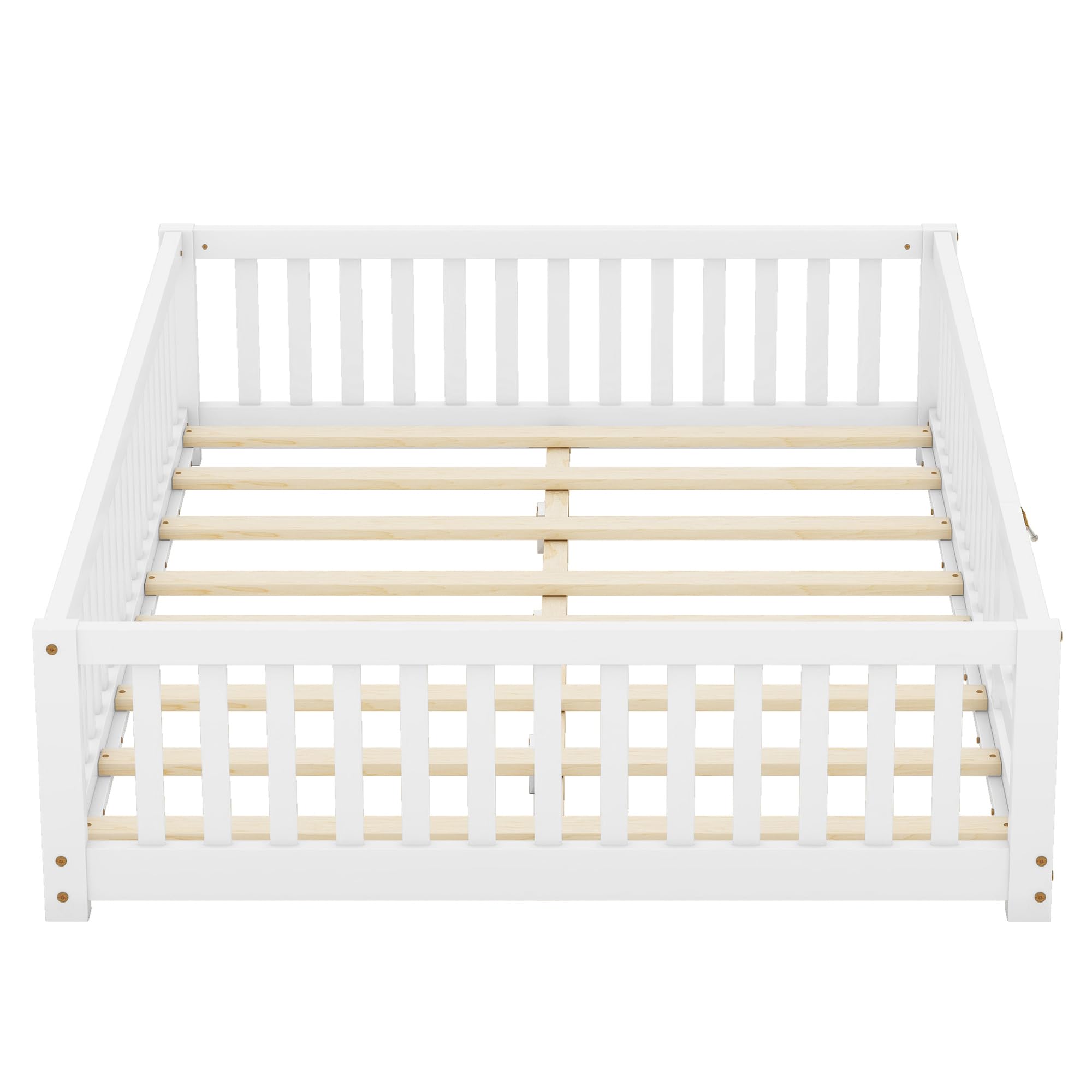 CITYLIGHT Full Size Floor Bed with Rails, Wood Montessori Floor Bed Full with Support Slats, Kids Full Bed Frame with Door Design for Boys,Girls, White