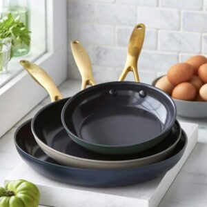 GreenPan Reserve Hard Anodized Healthy Ceramic Nonstick, 8" 10" and 12" 3 Piece Frying Pan Skillet Set Color Pack (Twilight Blue, Cream, Forest Green)