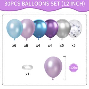 Frozen Balloons, 12 Inch Purple Blue White and Silver Balloons with Snowflake Balloons for Girls Frozen Theme Party Supplies Ice Snow Theme Birthday Baby Shower Winter Party Decorations