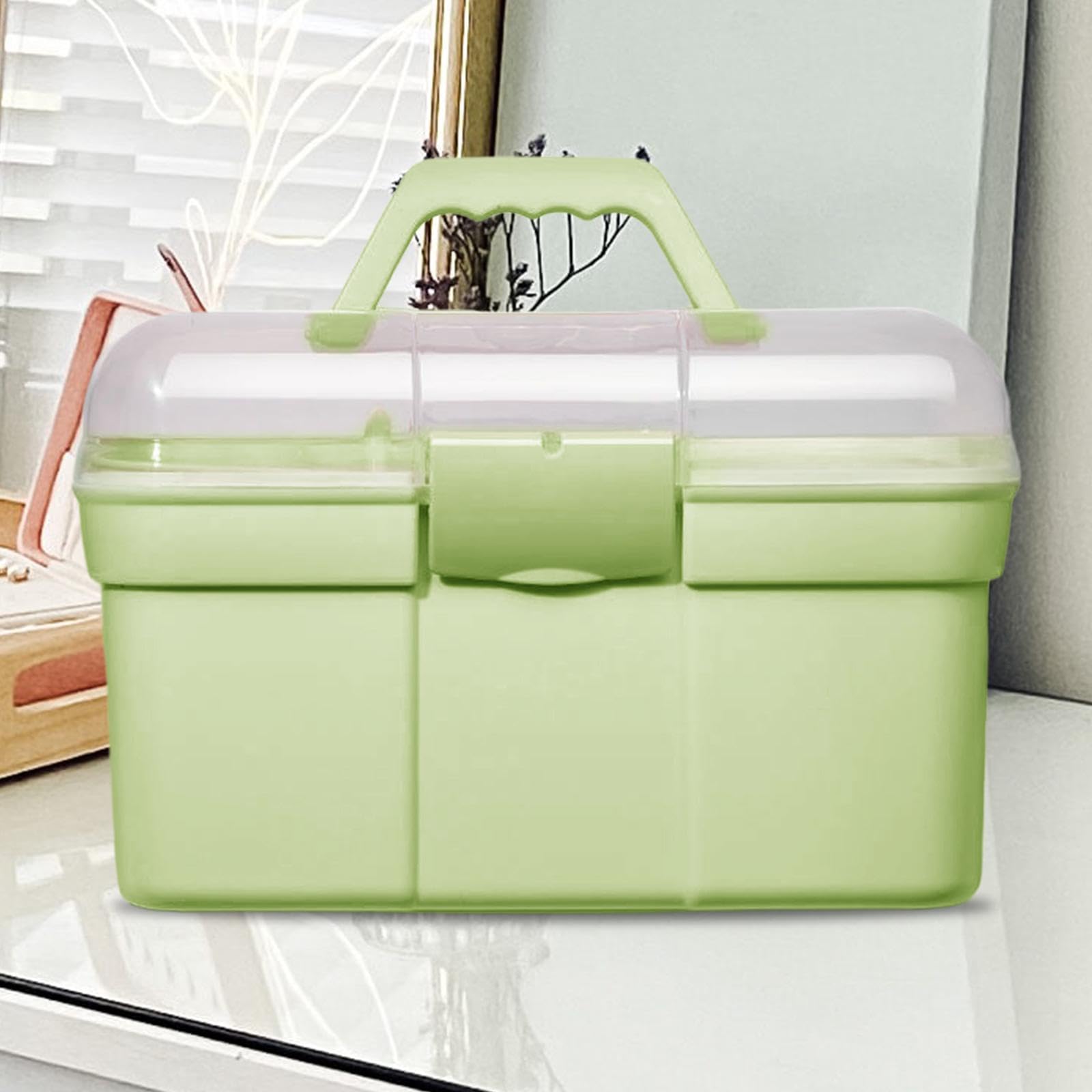 Fenteer Green 2-Layer Storage Box, Portable Handled Art Supply Organizer for Sewing Nail Kits PP Material, Multipurpose Storage Bin for Cosmetic Makeup, 11.18x7.87x7.68 inches