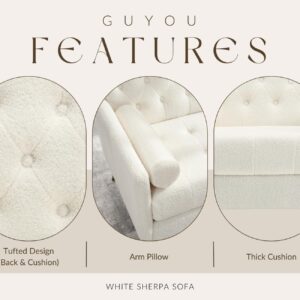 Guyou 60'' Loveseat Sofa Couch, White Sherpa Upholstered 2-Seat Love Sofa Chair with Arms for Living Room Tufted Small Couch Sofa with Removable Cushion and Gold Legs