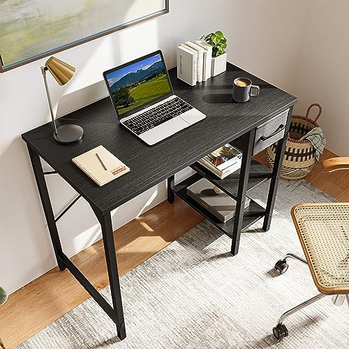 BANTI Small Computer Desk with Drawers, 35 Inch Home Office Desk with 2Storage Shelves on Left or Right Side, Study Writing Desk with Storage Bag, Black