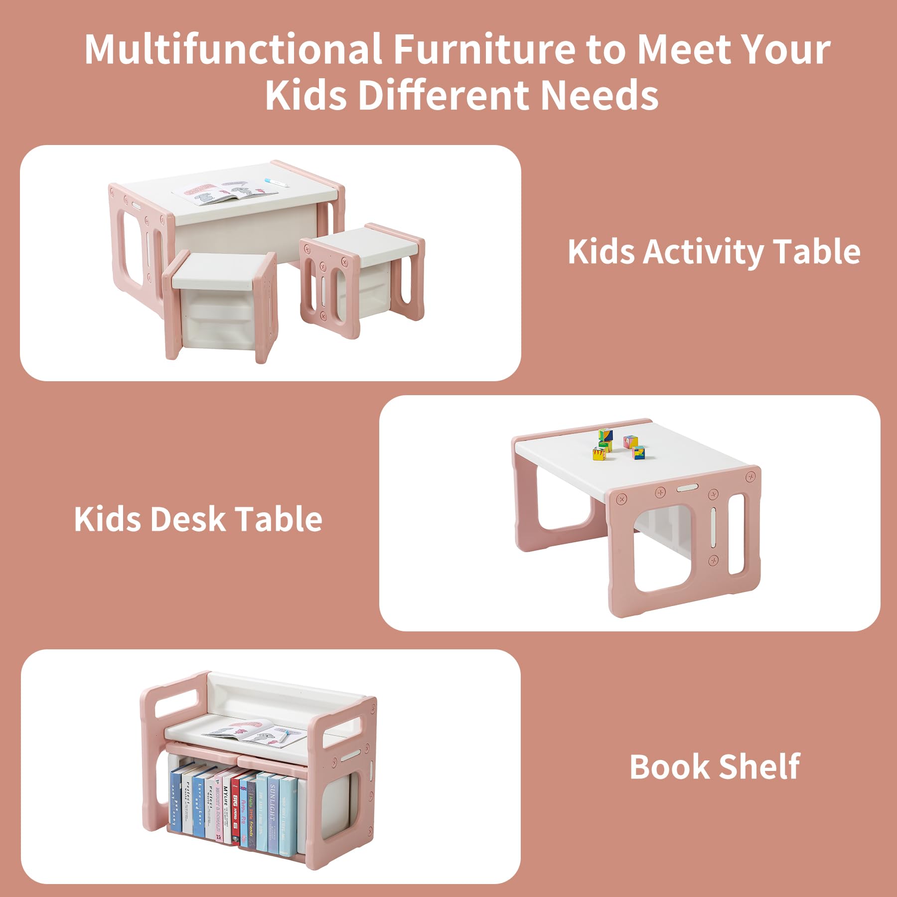 Hulaibit Kids Table and 2 Chairs Set, Montessori Weaning Table and Chairs for Toddlers Age 1-6, Plastic Activity Table for Reading/Eating/Playing, Gift for Boys & Girls, Pink