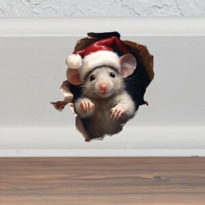 Santa Mouse Christmas Hole in Wall Sticker - Cute Hole in Wall 3D Holiday Decor Peel and Stick Sticker - Premium Quality Vinyl Bumper Stickers 2-Pack | 5-Inch on Widest Side | Made in USA FHJ1394