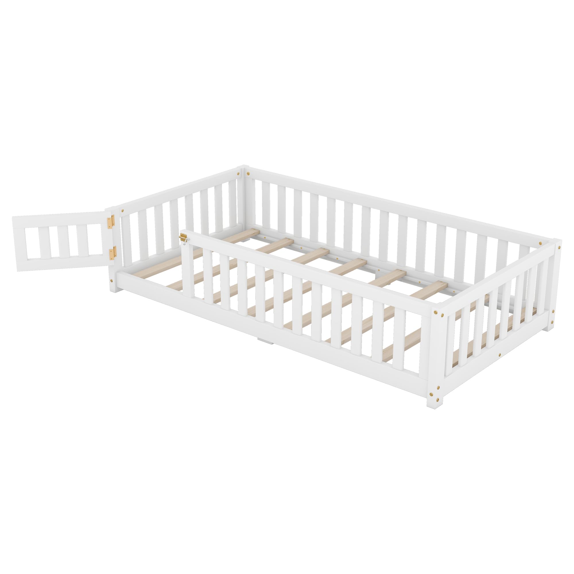 CITYLIGHT Twin Size Floor Bed with Rails, Wood Montessori Floor Bed Twin with Support Slats, Kids Twin Bed Frame with Door Design for Boys,Girls, White