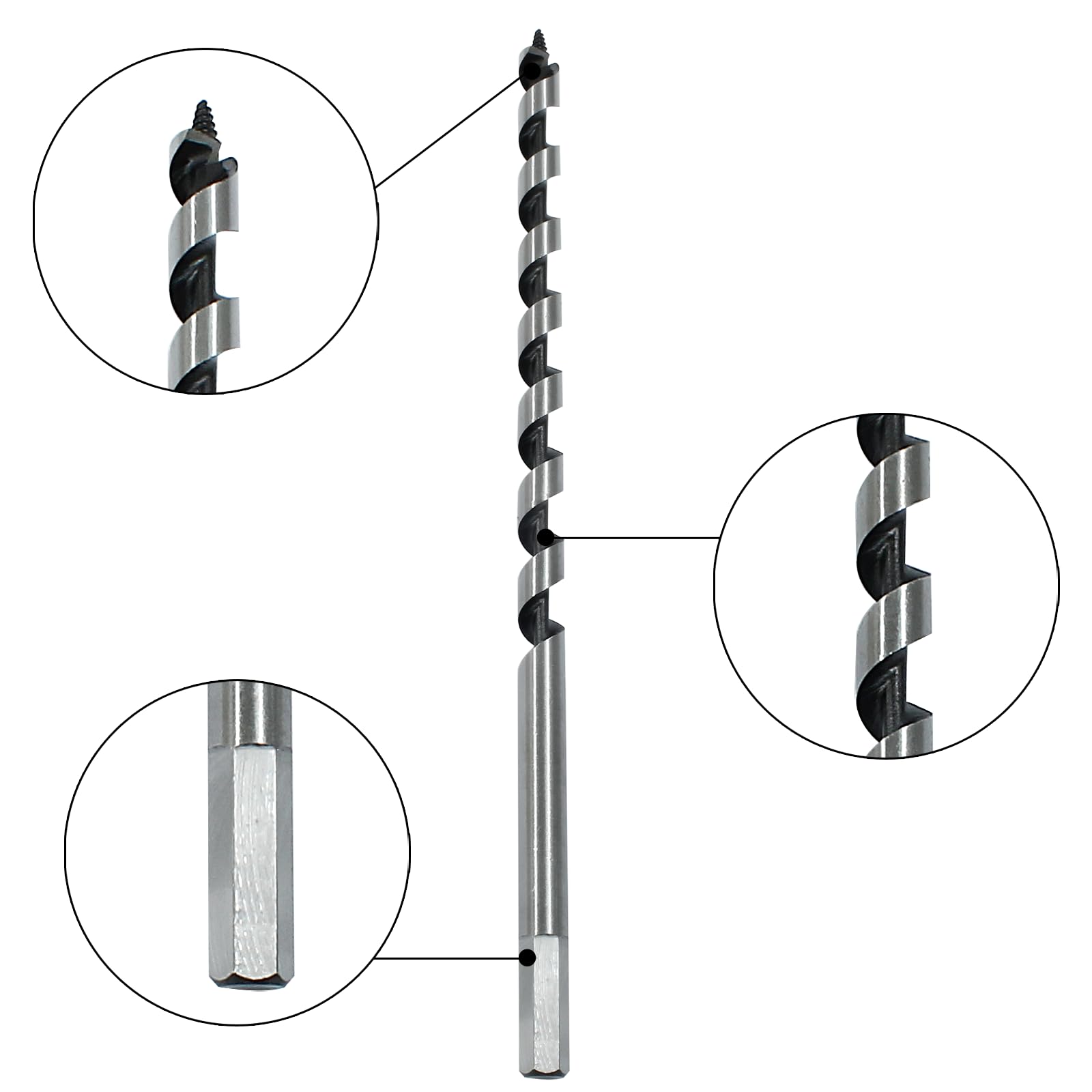 Coufce 1/2" Diameter Auger Drill Bit 12" Ship Auger Long Drill Bit 3/8" Hex Shank Long Drill Bits for Wood Hole Cutter in Hardwood, Softwood, and Composite Materials