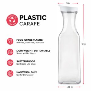 GUSTO [50 oz - 2 Pack] Plastic Carafe with Lid, Large Capacity Square Base - Clear Pitcher with Flip Top Lid, Easy-Pour Spout Juice Containers with Lids, Hand Wash Only - Perfect for Mimosa Bar