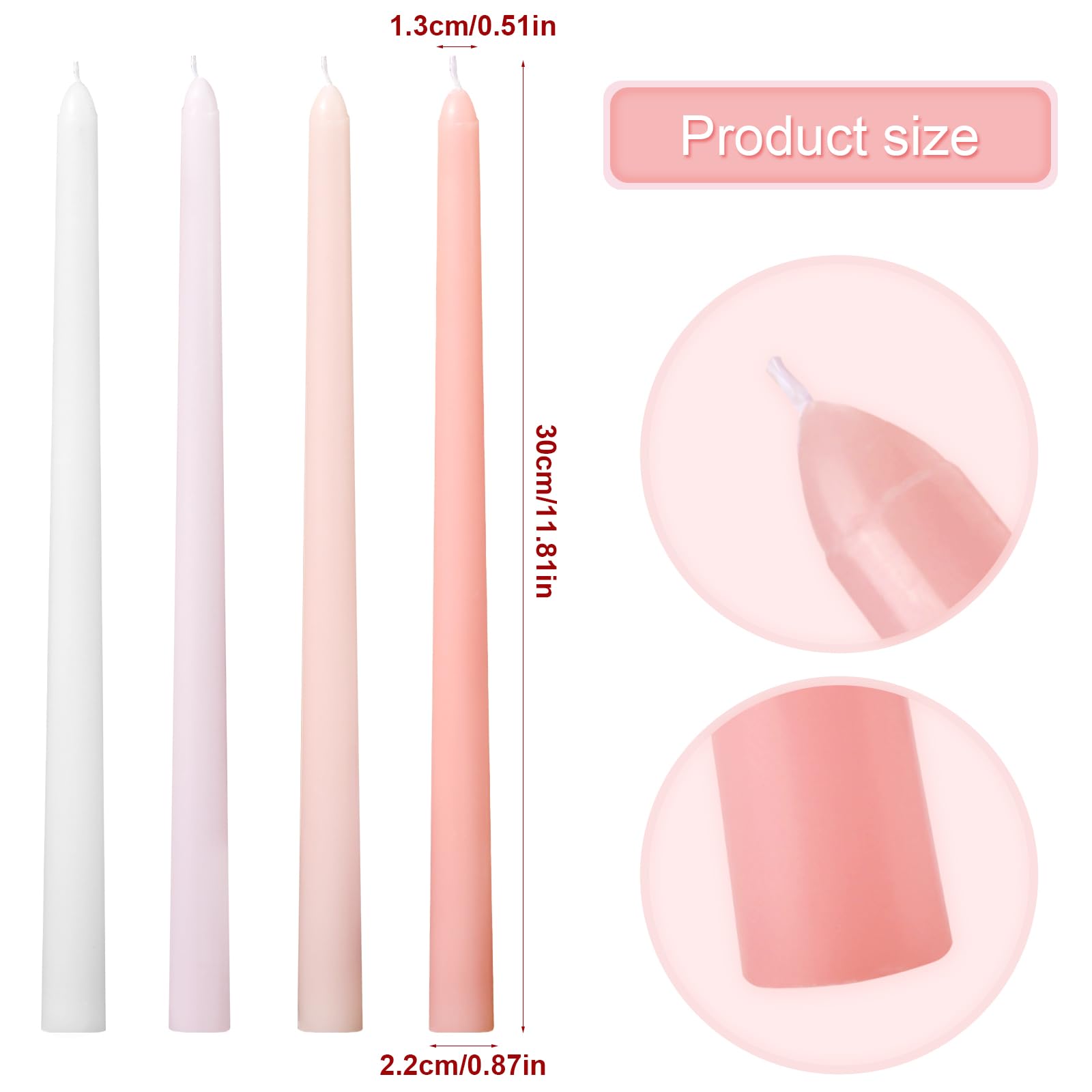 11.81'' 4pcs Taper Candles Sticks, Long Tall Thin Candles Unscented Smokeless Gradient Color Tapered Candlesticks for Table Home Dinner Wedding Festival (Pink Series)