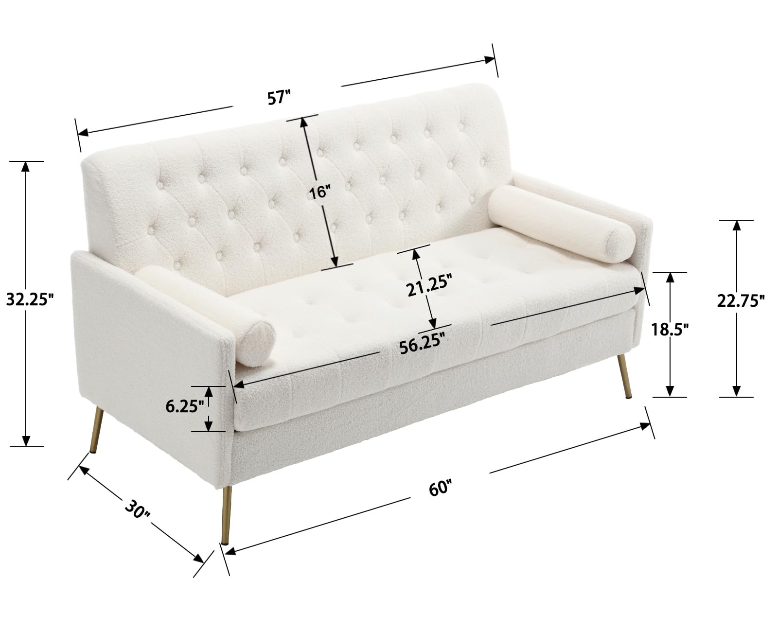 Guyou 60'' Loveseat Sofa Couch, White Sherpa Upholstered 2-Seat Love Sofa Chair with Arms for Living Room Tufted Small Couch Sofa with Removable Cushion and Gold Legs