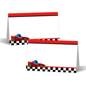 racing car table place cards - 25pcs tent cards - 2.1” x 3.5“ two fast food lables - name place cards for table setting - name cards for birthday party baby shower - scored for easy folding -18