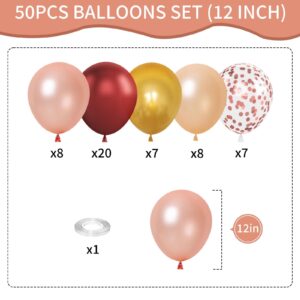 Burgundy Balloons, 12 Inch 50Pcs Burgundy Red Latex Balloon Rose Gold Champagne Gold Confetti Rose Gold Helium Balloons for Girls Women Bridal Birthday Baby Shower Party Decorations