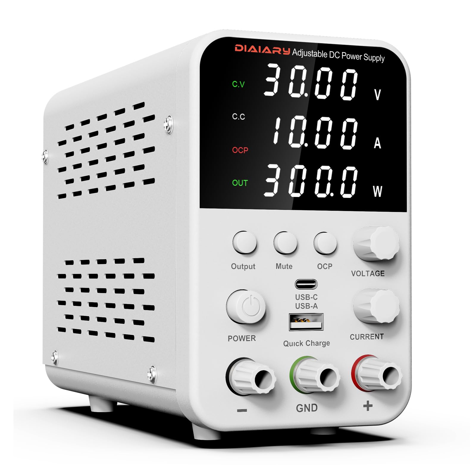 DC Power Supply Variable, 30V 10A Bench Power Supply with Encoder Knob, 4-Digits Display, Adjustable Regulated lab Power Supply with 5V 3.6A USB & Type-C Quick-Charge, Output Switch (30V 10A)