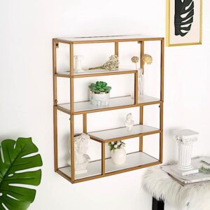 Balsa Circle 22 in Gold 4 Tier Rectangle Metal Geometric Hanging Shelf White Wood Party Events Reception Home Decorations Supplies