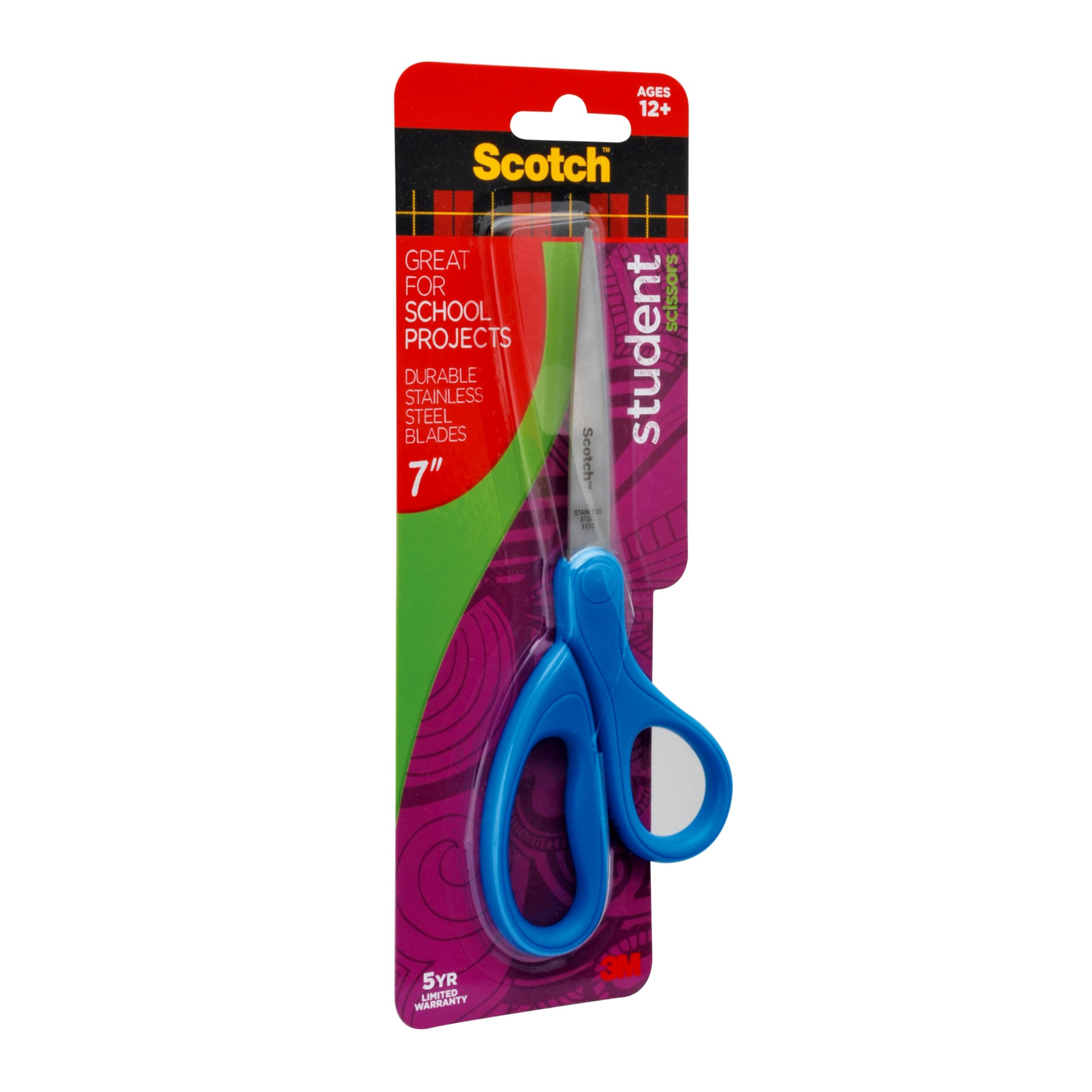 Scotch 7-Inch Student Scissors, Blue, Green, and Purple, Colors Vary, 6-Pack