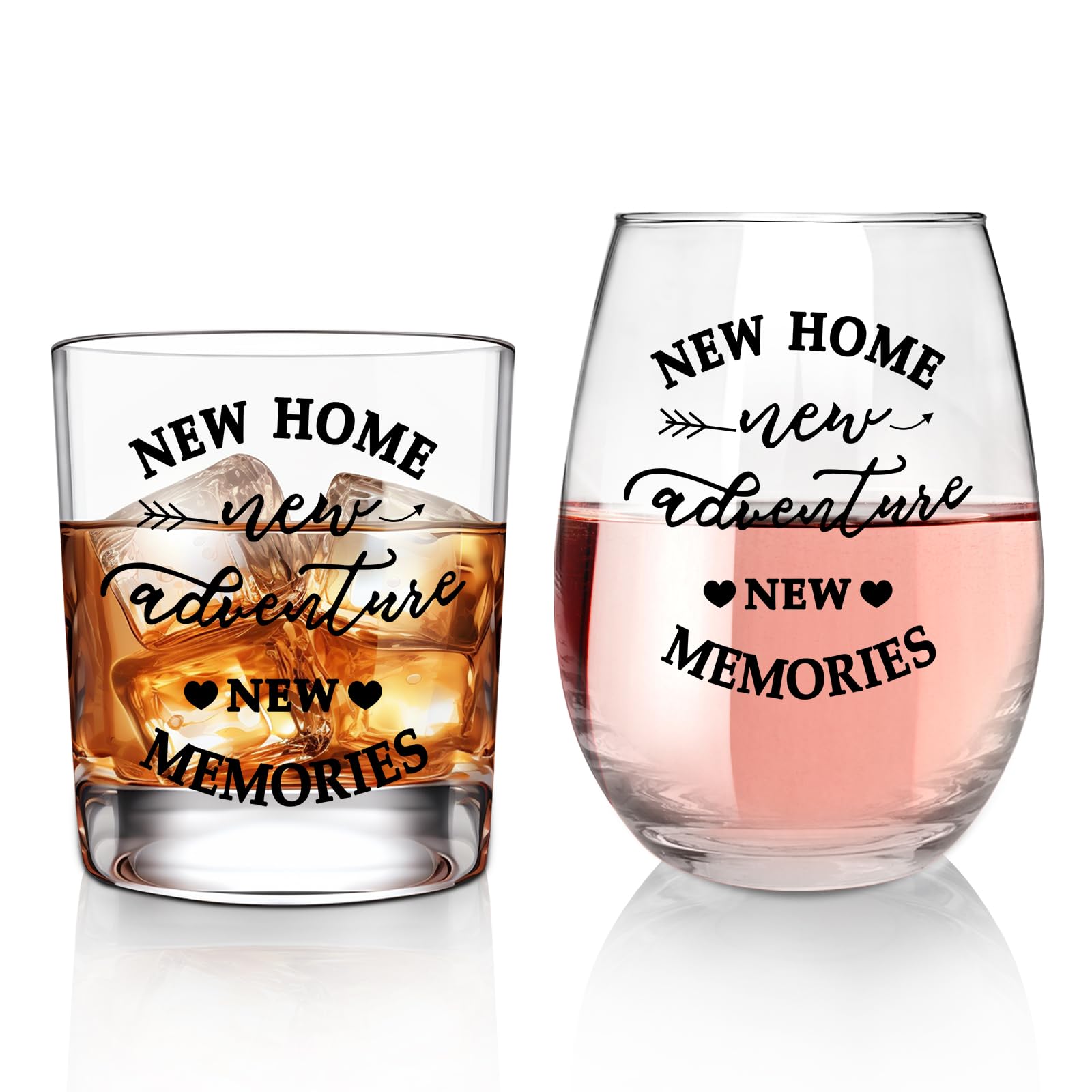 ONEHAUS New Home New Adventures Wine and Whiskey Glass Gift Set - Unique Housewarming Gift for New Homeowners - New Home Gift Ideas for Women and Men