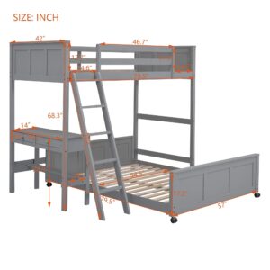 Twin Over Full Loft Bed with Desk and Storage Drawers, Wood Bunk Loft Bunk Bed for Kids, Can Be Separated into A Full Bed Frame and A Twin Size Loft Bed for Girls Boys Teens, Gray