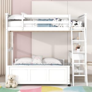 Full Over Full Loft Bed with Desk and Storage Drawers, Wood Bunk Loft Bunk Bed for Kids, Can Be Separated into A Full Size Platform Bed Frame and A Loft Bed for Girls Boys Teens, White