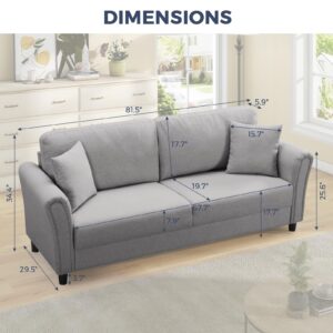 IULULU 81.5" Modern Sofas Living Room, Fabric Comfy Deep Seat Couch with Metal Legs and 2 Pillows, Removable Back and Thickened Soft Cushion, Furniture for Home, Apartment, Office