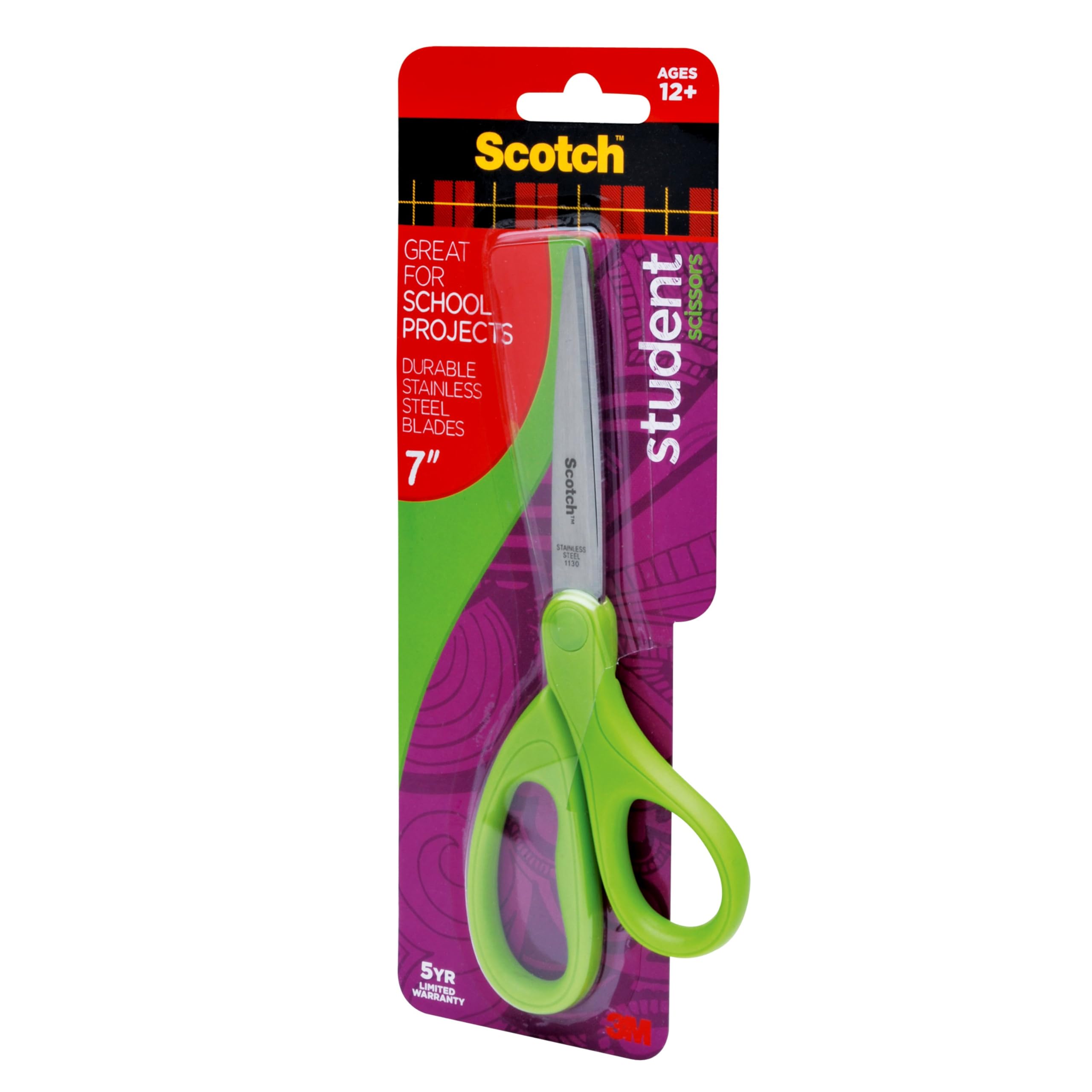 Scotch 7-Inch Student Scissors, Blue, Green, and Purple, Colors Vary, 6-Pack